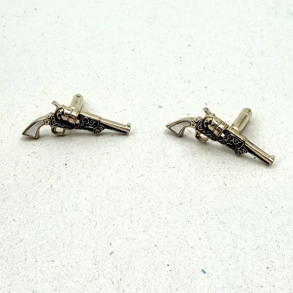 Vintage Revolver Gun Cufflinks Gold Tone Mother of Pearl Accent Cowboy Western